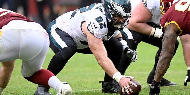Jason Kelce of the Philadelphia Eagles gets ready to snap the ball against the Washington Football Team at FedExField on Jan. 2, 2022, in Landover, Maryland.
