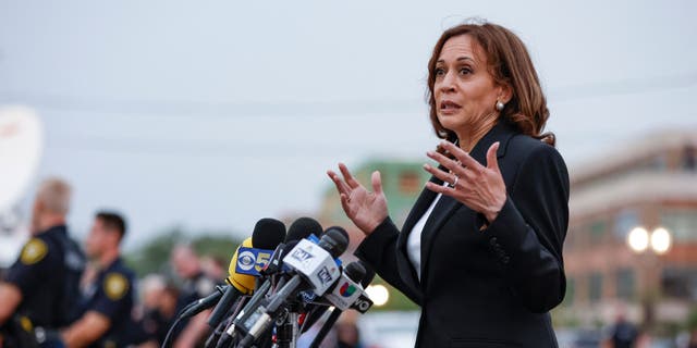 US Vice President Kamala Harris speaks during a surprise visit to the site of a shooting which left seven dead in Highland Park, Illinois,