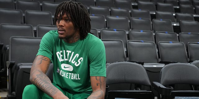 Robert Williams III of the Boston Celtics addresses the media during a 2022 NBA Finals practice June 15, 2022, at the TD Garden in Boston.