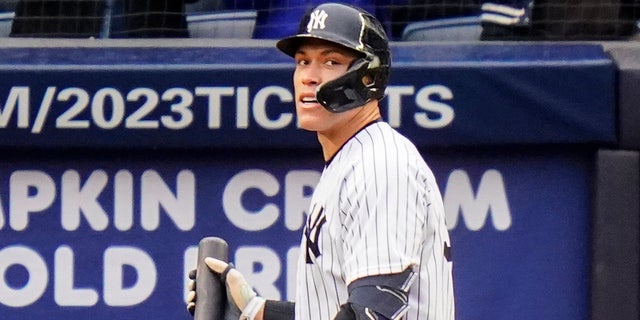 New York Yankees' Aaron Judge reacts after striking out during the seventh inning of a baseball game against the Baltimore Orioles, Sunday, Oct. 2, 2022, in New York.