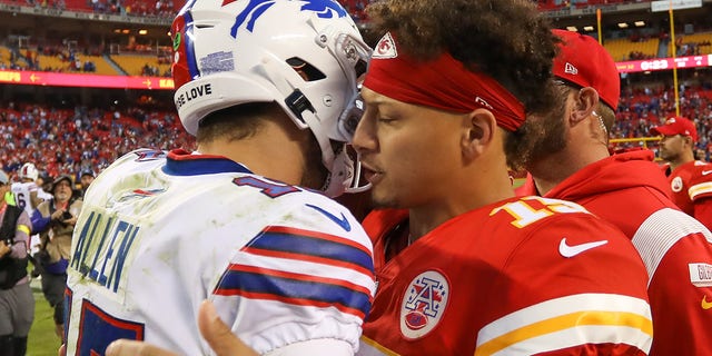 Kansas City Chiefs quarterback Patrick Mahomes, #15, and Buffalo Bills quarterback Josh Allen, #17, hug after an NFL game between the Buffalo Bills and Kansas City Chiefs on Oct. 16, 2022 at GEHA Field at Arrowhead Stadium in Kansas City, Missouri.