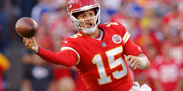 Patrick Mahomes, #15 of the Kansas City Chiefs, throws the ball during the fourth quarter against the Buffalo Bills at Arrowhead Stadium on Oct. 16, 2022 in Kansas City, Missouri.