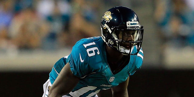 Antonio Dennard #16 of the Jacksonville Jaguars in action during a preseason game against the Atlanta Falcons at EverBank Field on August 30, 2012 in Jacksonville, Florida.