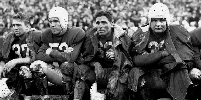 Halfback Charley Trippi of the Chicago Cardinals, along with Vic Schwall (37), Bill Campbell(53) and Vince Banonis (32) on the bench during a 45-to-21 loss to the Washington Redskins on November 23, 1947, at Griffith Stadium in Washington, DC.