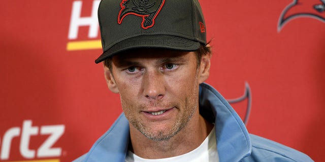 Tampa Bay Buccaneers quarterback Tom Brady meets with reporters after an NFL football game against the Pittsburgh Steelers in Pittsburgh, Sunday, Oct. 16, 2022.