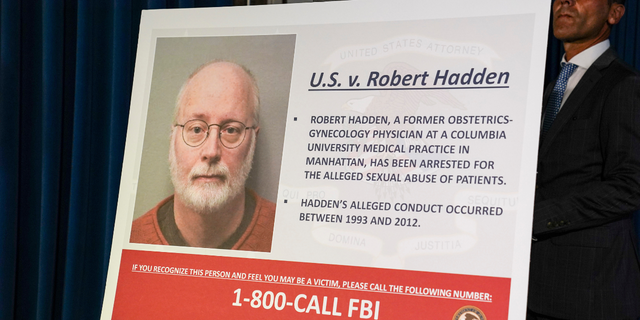A board bearing an image of Robert Hadden is displayed before a news conference on Sept. 9, 2020, in New York.