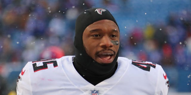 Deion Jones #45 of the Atlanta Falcons after a game against the Buffalo Bills at Highmark Stadium on January 2, 2022 in Orchard Park, New York.