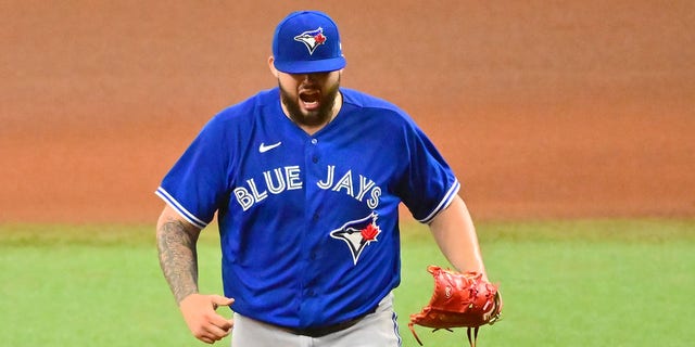 Alek Manoah of the Toronto Blue Jays reacts after the seventh inning against the Tampa Bay Rays at Tropicana Field Sept. 24, 2022, in St Petersburg, Fla.