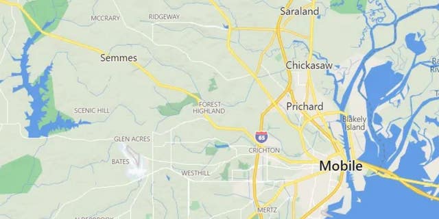 A map showing the city of Semmes, Ala. in relation to Mobile. The cities are about 20 miles apart.